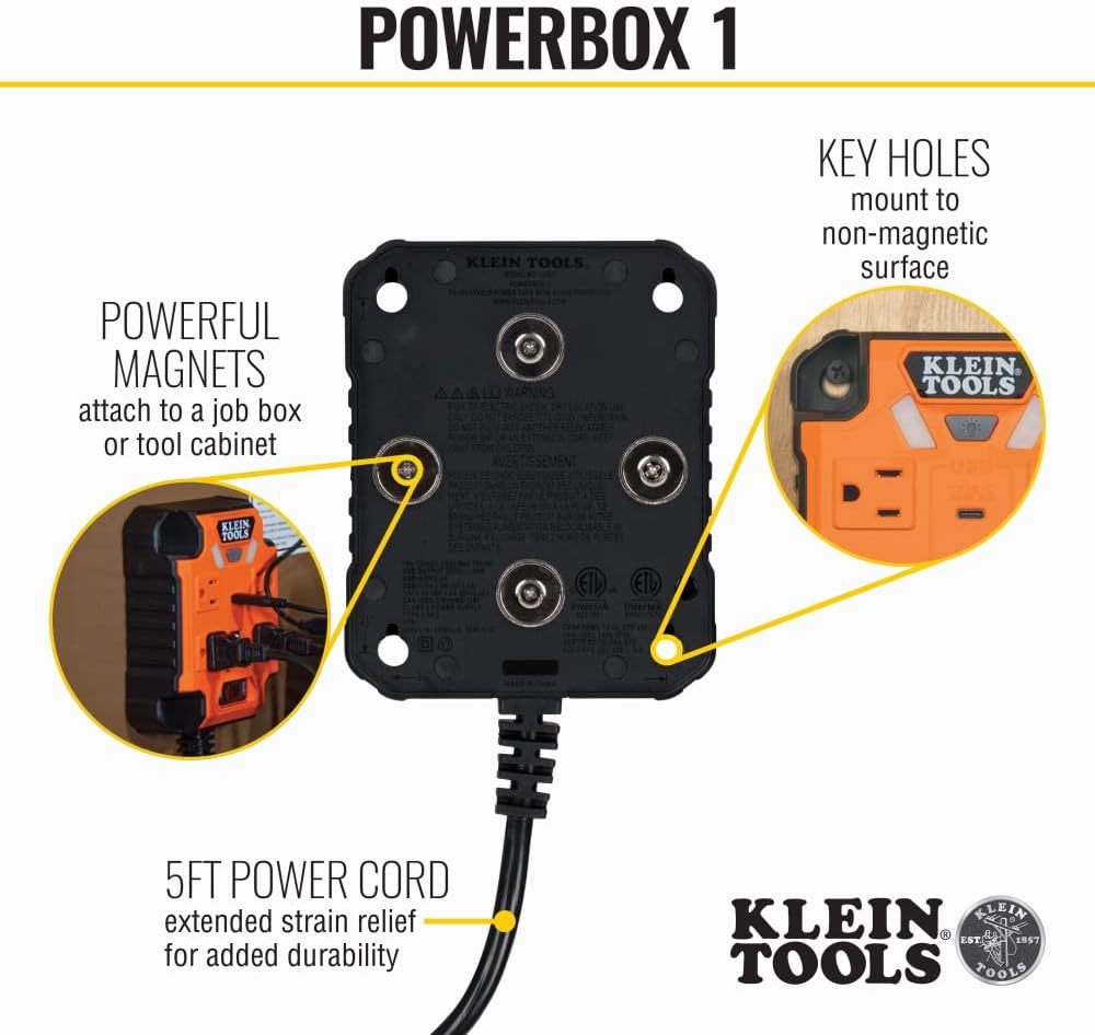 Klein Tools 29601 Magnetic Power Strip with Surge Protector, Extension Cord, 4 Outlets, 3 USB Ports, 5-Foot Cord, Power Supply Box with Light, PowerBox 1, Heavy Duty