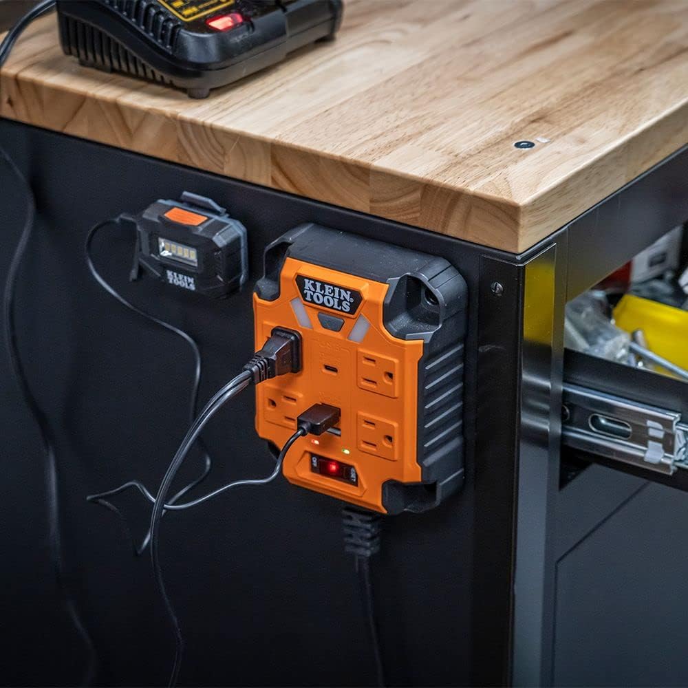 Klein Tools 29601 Magnetic Power Strip with Surge Protector, Extension Cord, 4 Outlets, 3 USB Ports, 5-Foot Cord, Power Supply Box with Light, PowerBox 1, Heavy Duty