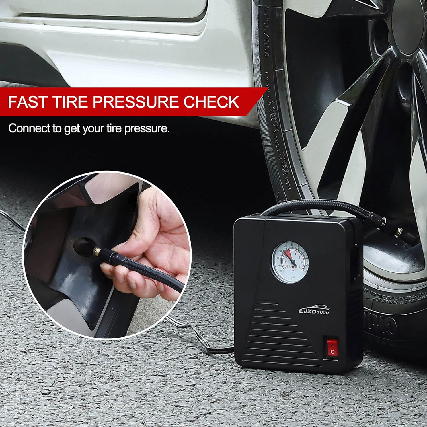 Air Compressor Tire Inflator - Portable DC 12V 100PSI Auto Air Pump - Classic Pressure Gauge and Emergency LED Light - Car Tire, Bicycle, Basketball and Other Inflatables
