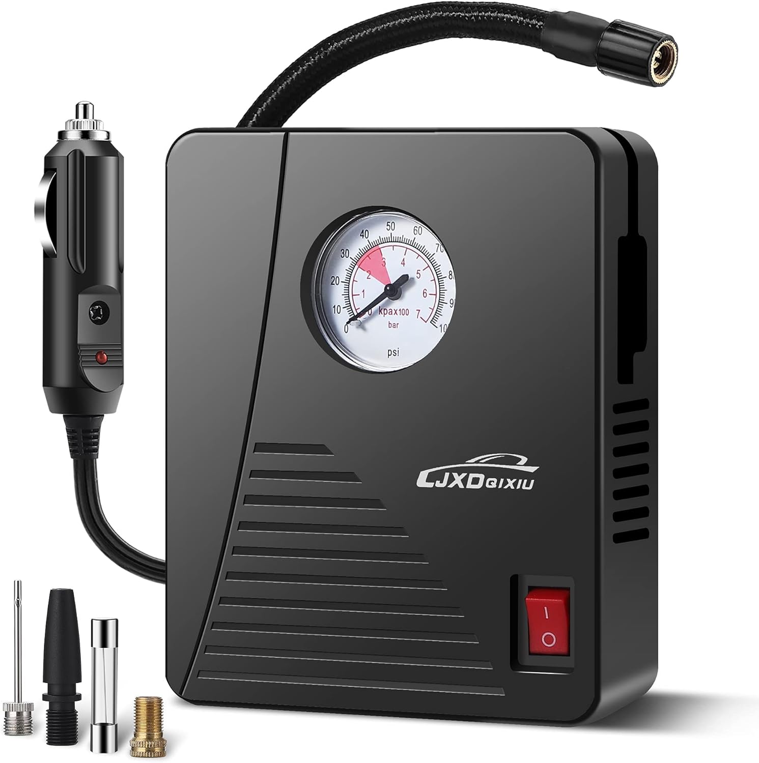 Air Compressor Tire Inflator - Portable DC 12V 100PSI Auto Air Pump - Classic Pressure Gauge and Emergency LED Light - Car Tire, Bicycle, Basketball and Other Inflatables