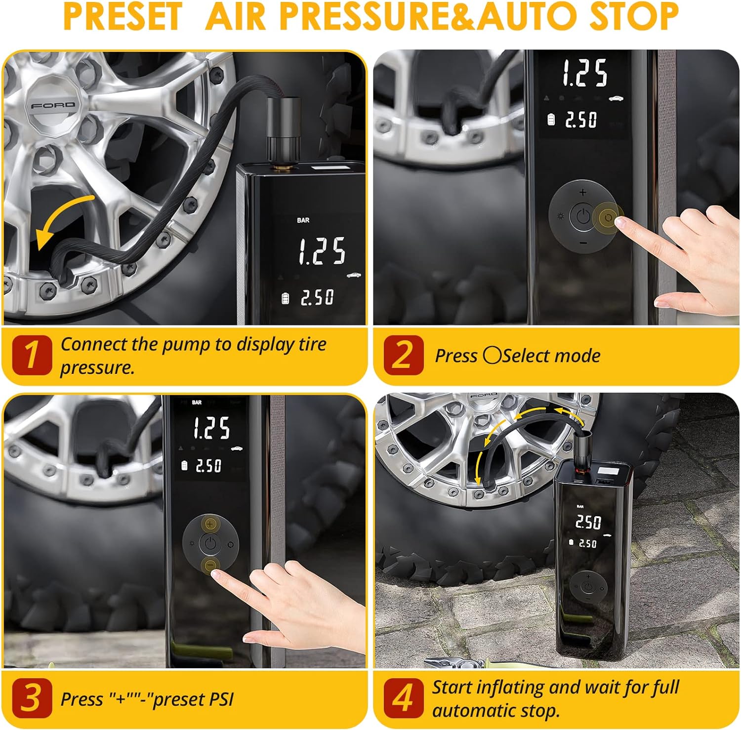Bike Pump Bicycle Pump, Tire Inflator Portable Air Compressor for Car, Max 150PSI/10.3 Bar, Auto Shut-Off Air Pump with Presta  Schrader  Dunlop Valve