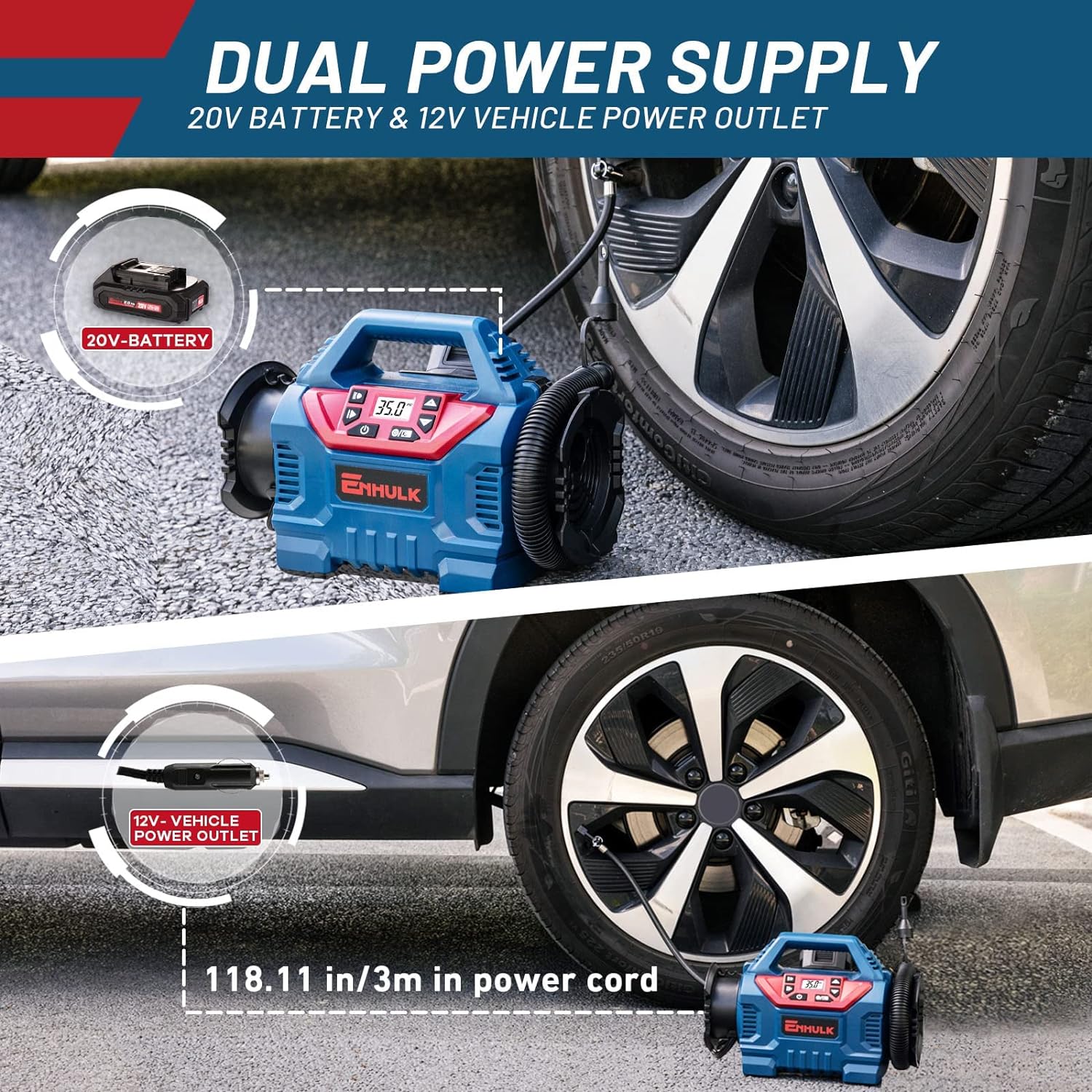 Cordless Tire Inflator Air Compressor 20V Rechargeable Battery Powered 160PSI Portable Air Pump with 12V Car Power Adapter Inflation Deflation Modes for Car Tires, Bicycle, Camp Mattresses