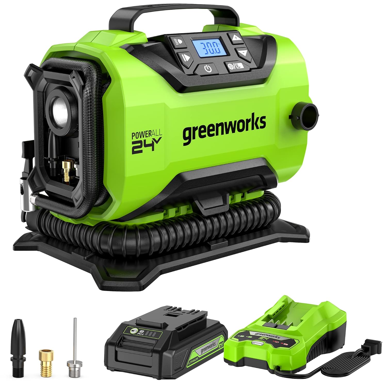 Greenworks 24V Cordless Tire Inflator, 160 PSI Portable Air Compressor, 2 Power Sources, Auto Shut Off, for Car, Bicycle, Motorcycle, Inflatables With 2.0 Ah USB (Power Bank) Battery  2A Charger