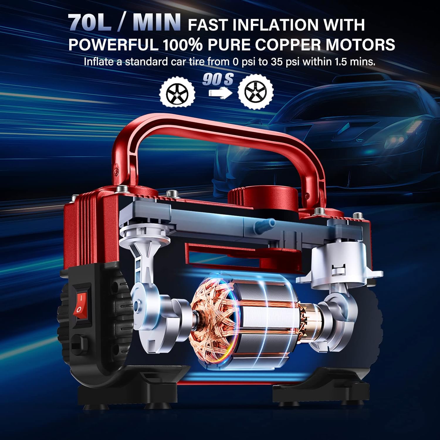 GSPSCN Red Tire Inflator Heavy Duty Double Cylinders, Portable Metal DC 12V Air Compressor, 150PSI Tire Pump with Adapter for Car, Truck, SUV Tires, Dinghy, Air Bed etc
