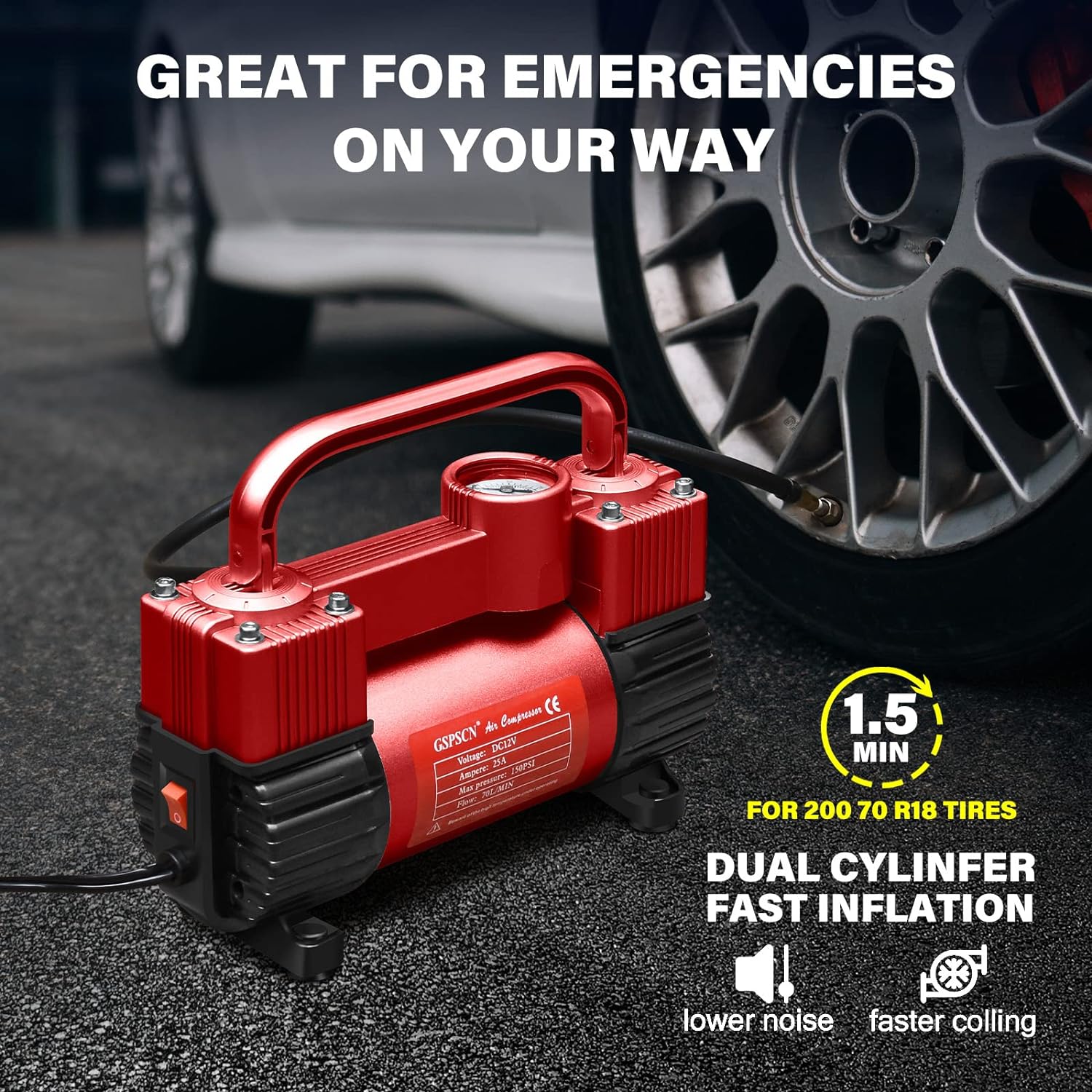 GSPSCN Red Tire Inflator Heavy Duty Double Cylinders, Portable Metal DC 12V Air Compressor, 150PSI Tire Pump with Adapter for Car, Truck, SUV Tires, Dinghy, Air Bed etc