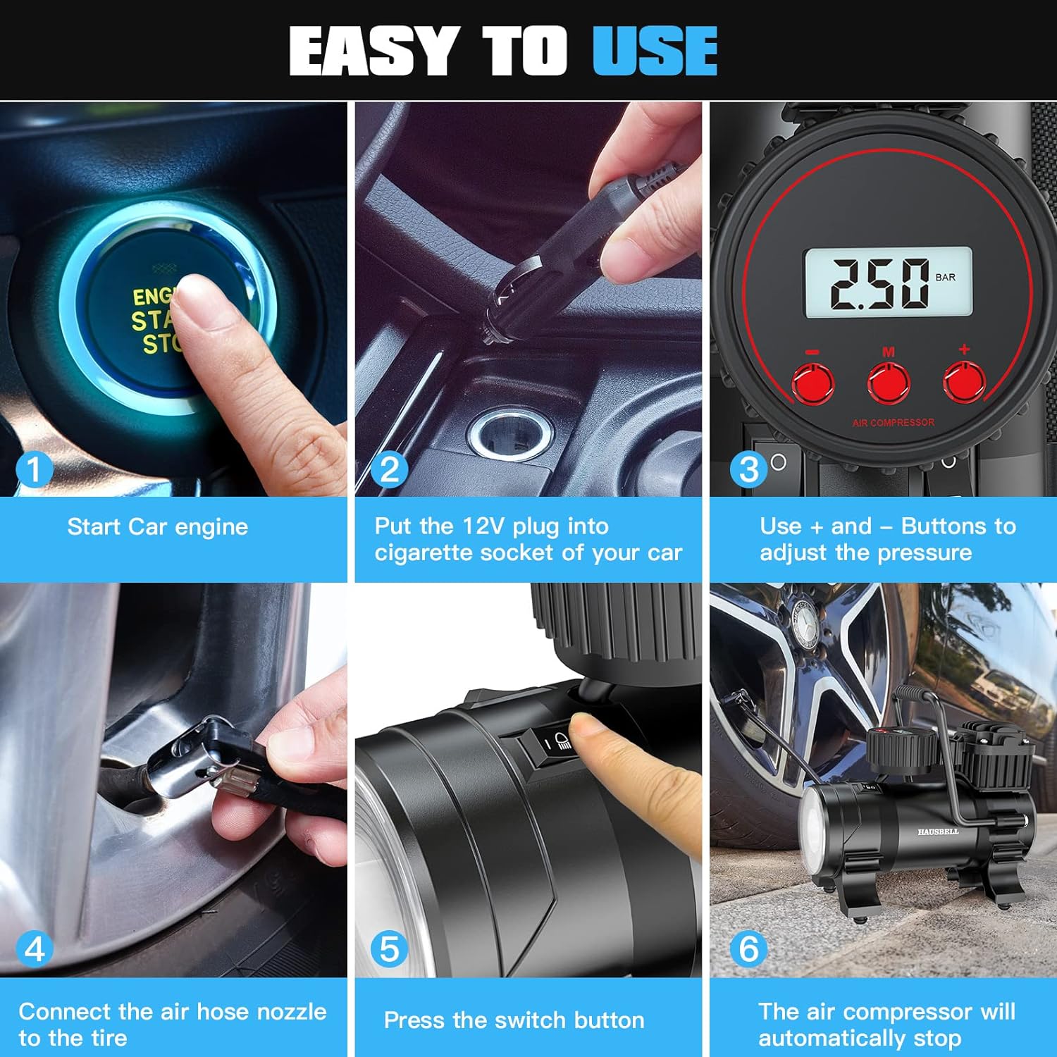 HAUSBELL tire inflator portable air compressor for car, portable air pump for car tires, Handle up to 4 Tires at a Time, 12V DC Car Air Pump, 150 PSI with Emergency LED Light (Black)