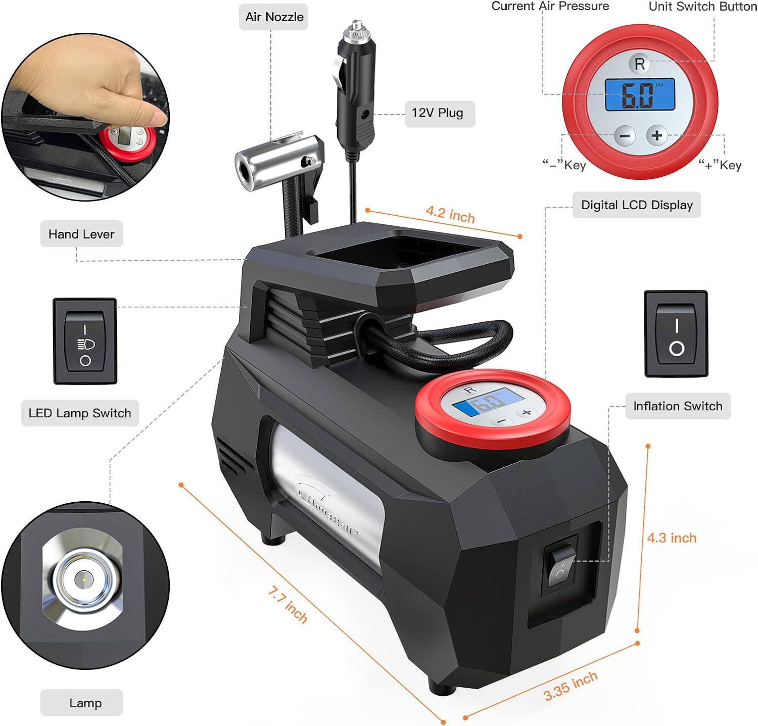 HAUSBELL tire inflator portable air compressor for car, portable air pump for car tires, Handle up to 4 Tires at a Time, 12V DC Car Air Pump, 150 PSI with Emergency LED Light (Black)