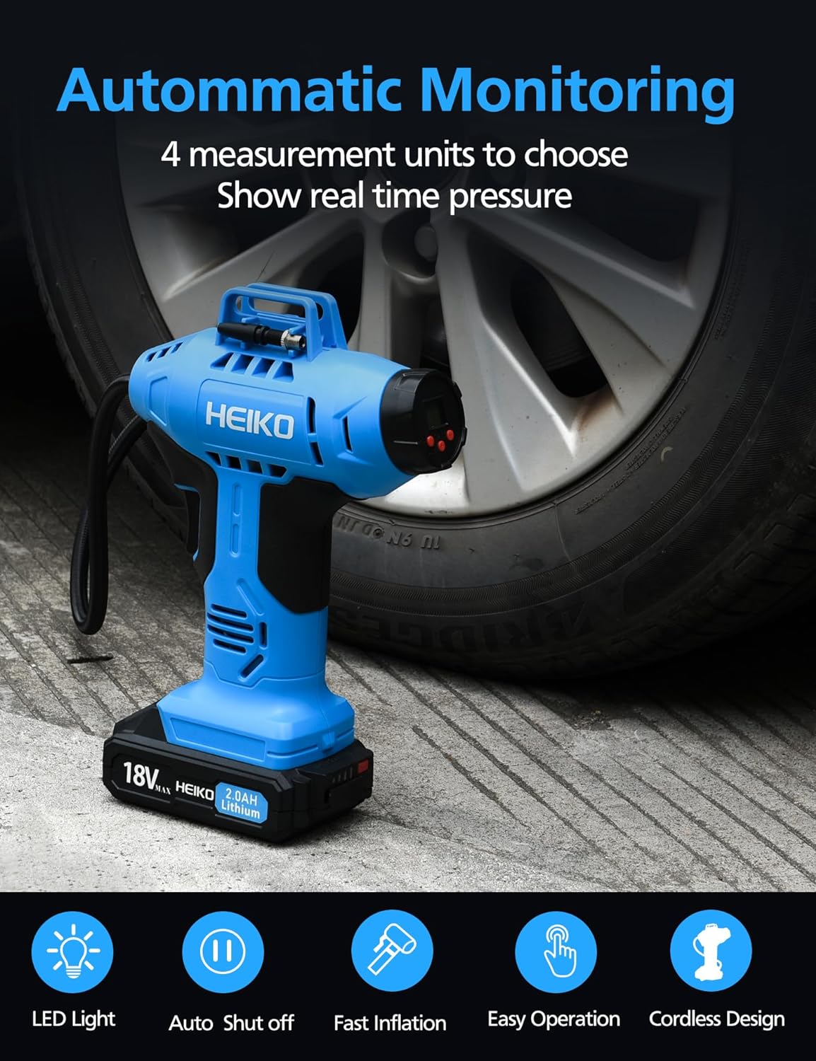 Heiko Tire Inflator Portable Air Compressor for Car Tires, 20V Cordless Car Tire Pump 2000mAh Battery 160PSI Portable Handheld Air Pump with 12V Car Power Adapter Digital Pressure Gauge for Motorcycle
