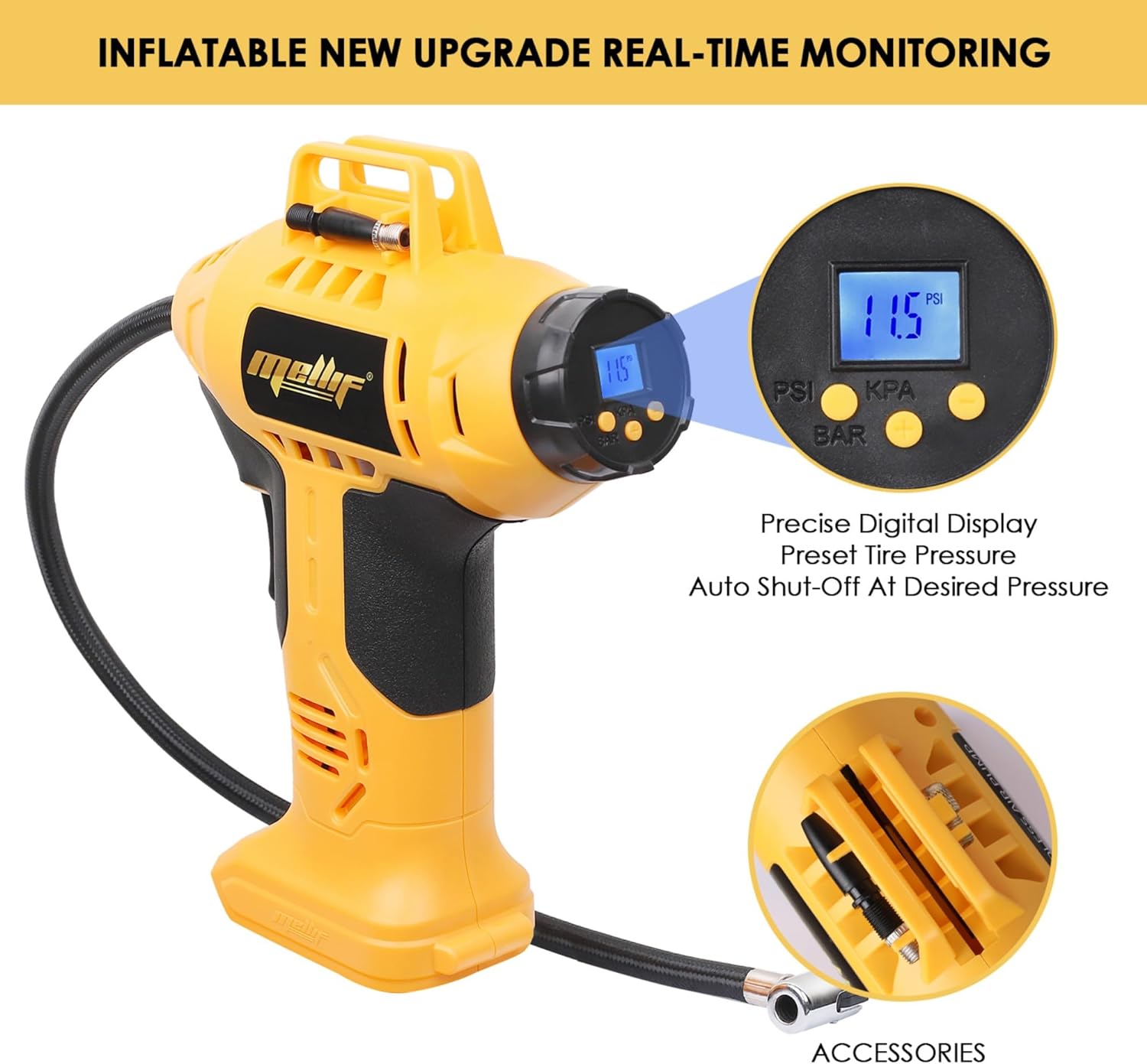 Mellif Cordless Tire Inflator Air Compressor for 20V Max Battery, 160PSI Portable Handheld Air Pump with Digital Pressure Gauge for Cars Motorcycles Bikes Sport Balls(Battery Not Included)