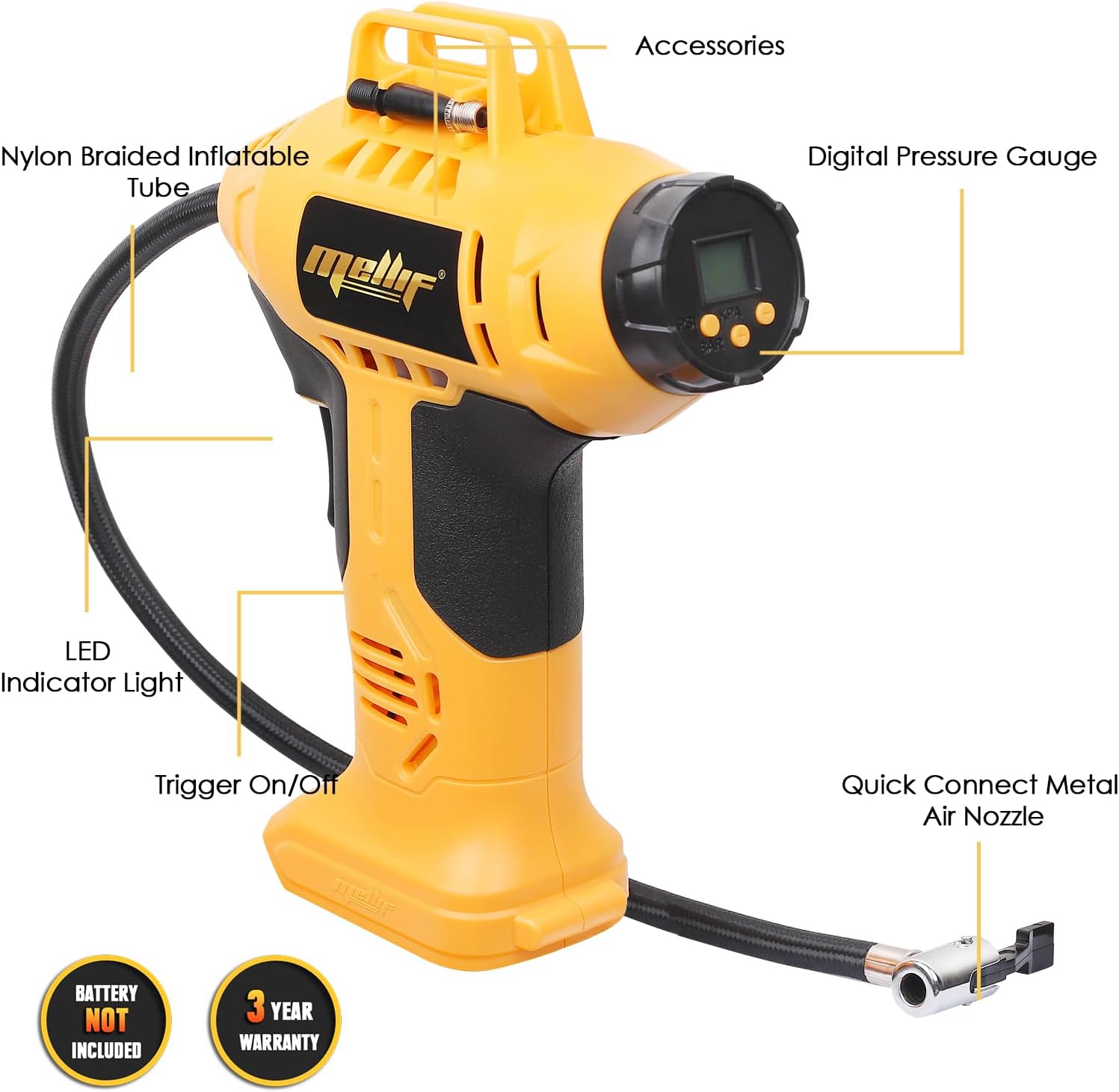 Mellif Cordless Tire Inflator Air Compressor for 20V Max Battery, 160PSI Portable Handheld Air Pump with Digital Pressure Gauge for Cars Motorcycles Bikes Sport Balls(Battery Not Included)