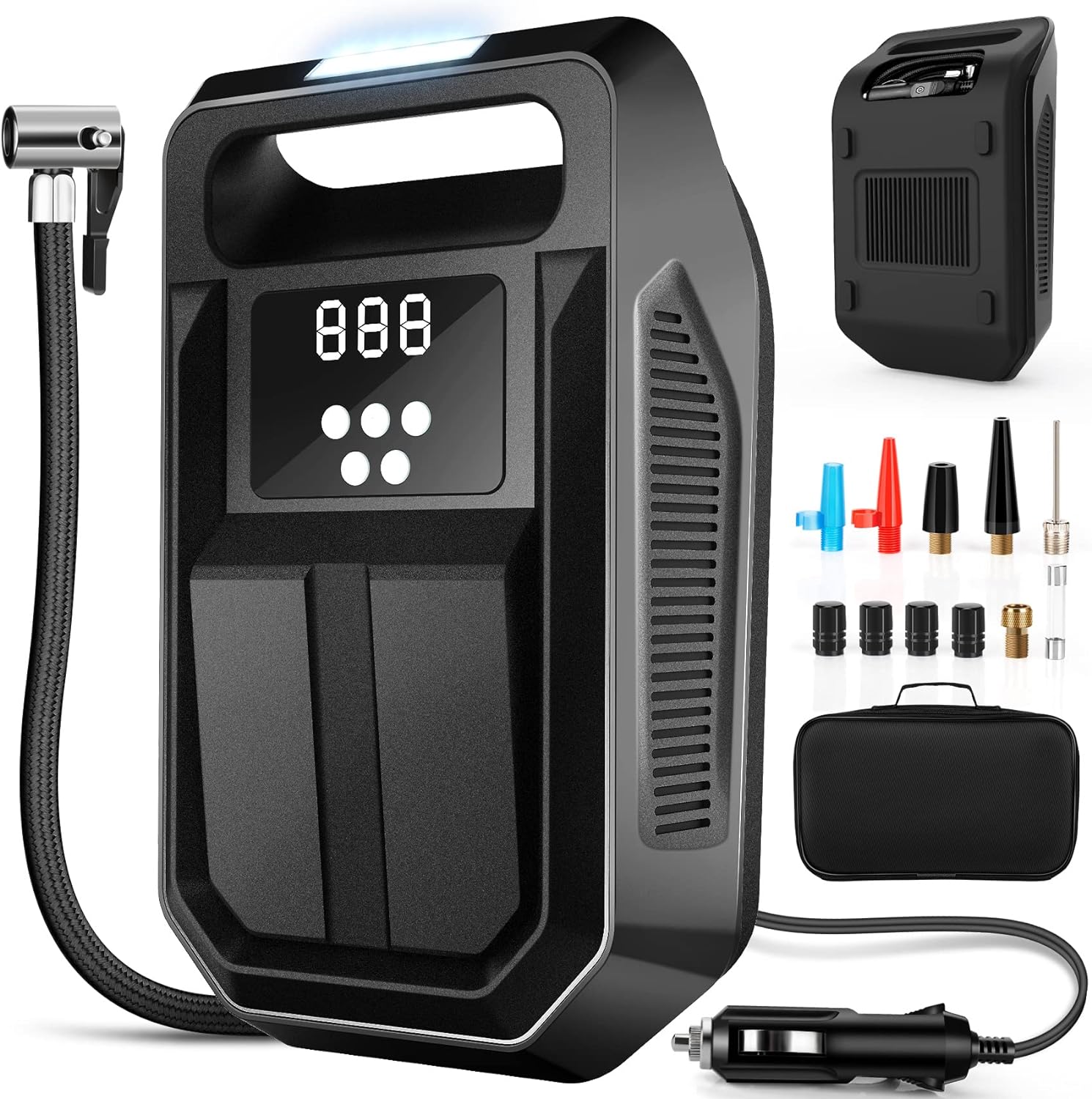 Tire Inflator Portable Air Compressor 12V DC Car Air Pump with Digital Display, LED Light, Auto Shut Off Function, Set of Nozzle Adaptors for Car, Motorcycle, Bicycle, Ball