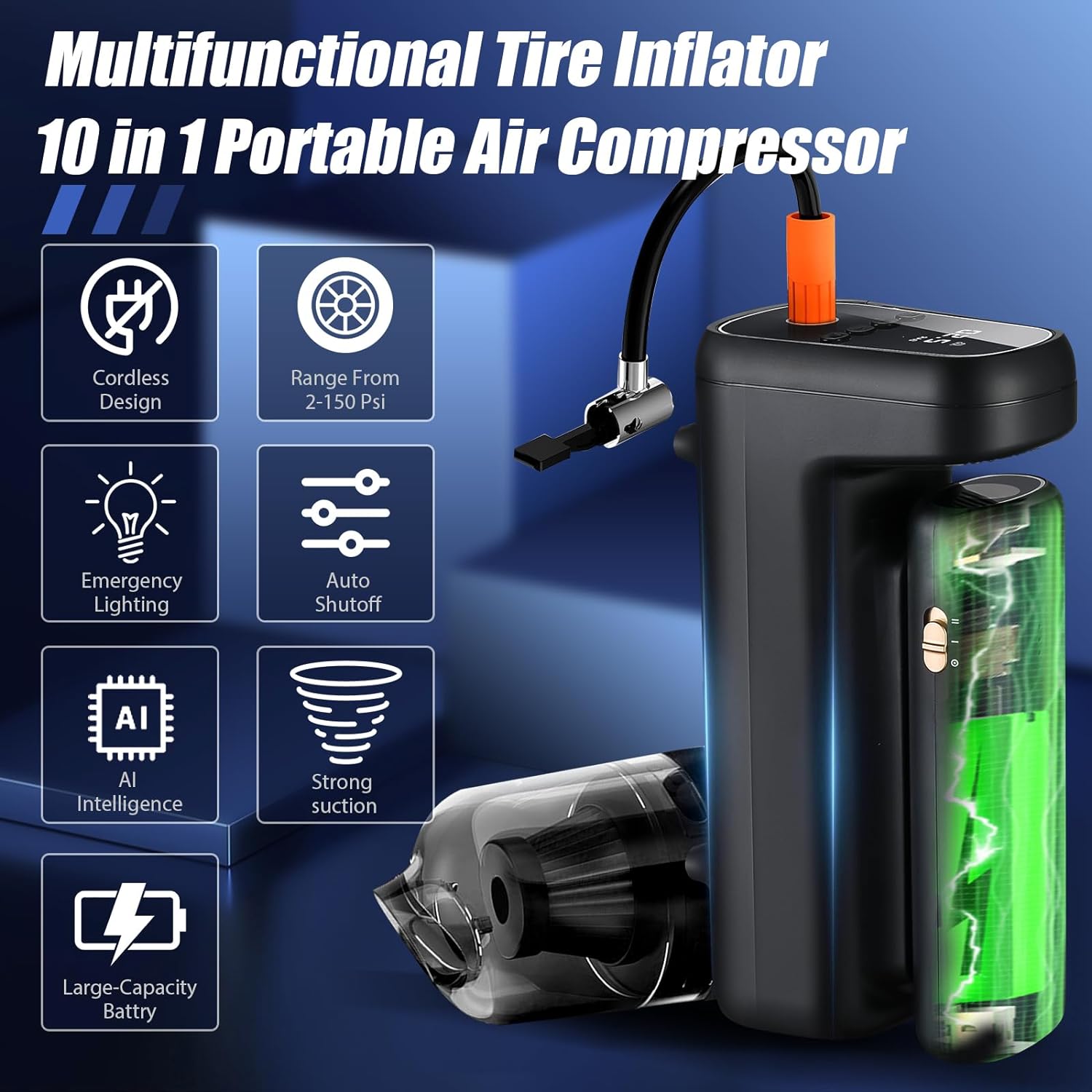 Tire Inflator Portable Air Compressor, 150 PSI Portable Air Pump for Car Tires w/Auto-Shutoff, Digital Pressure Gauge With Power Bank And Vacuum Cleaner For Cars, E-Bikes, Motorcycles