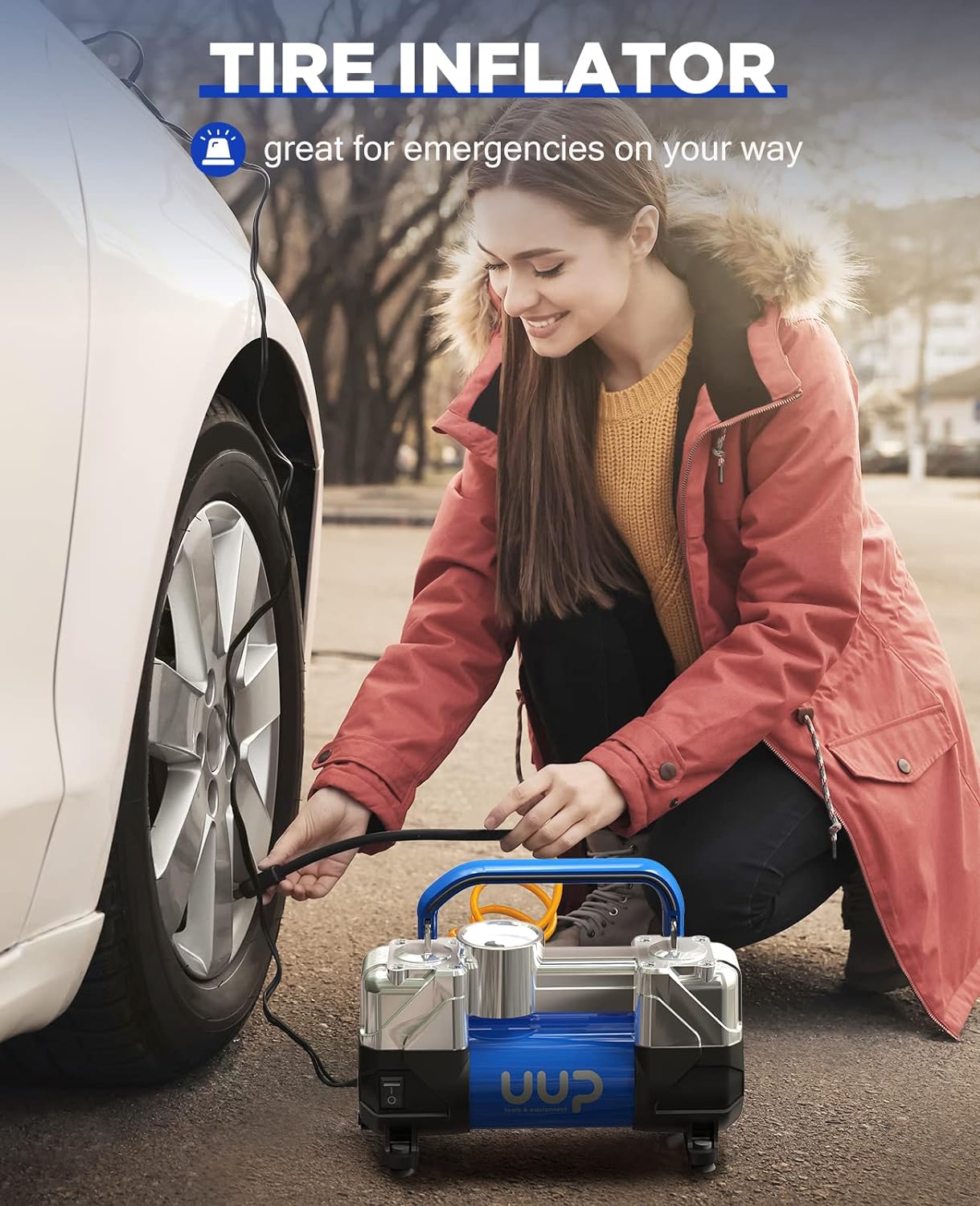 UUP Tire Inflator Air Compressor, 150PSI 12V DC Double Cylinders Heavy Duty Portable Air Pump w/Emergency LED Light for Truck, SUV, Car, RV