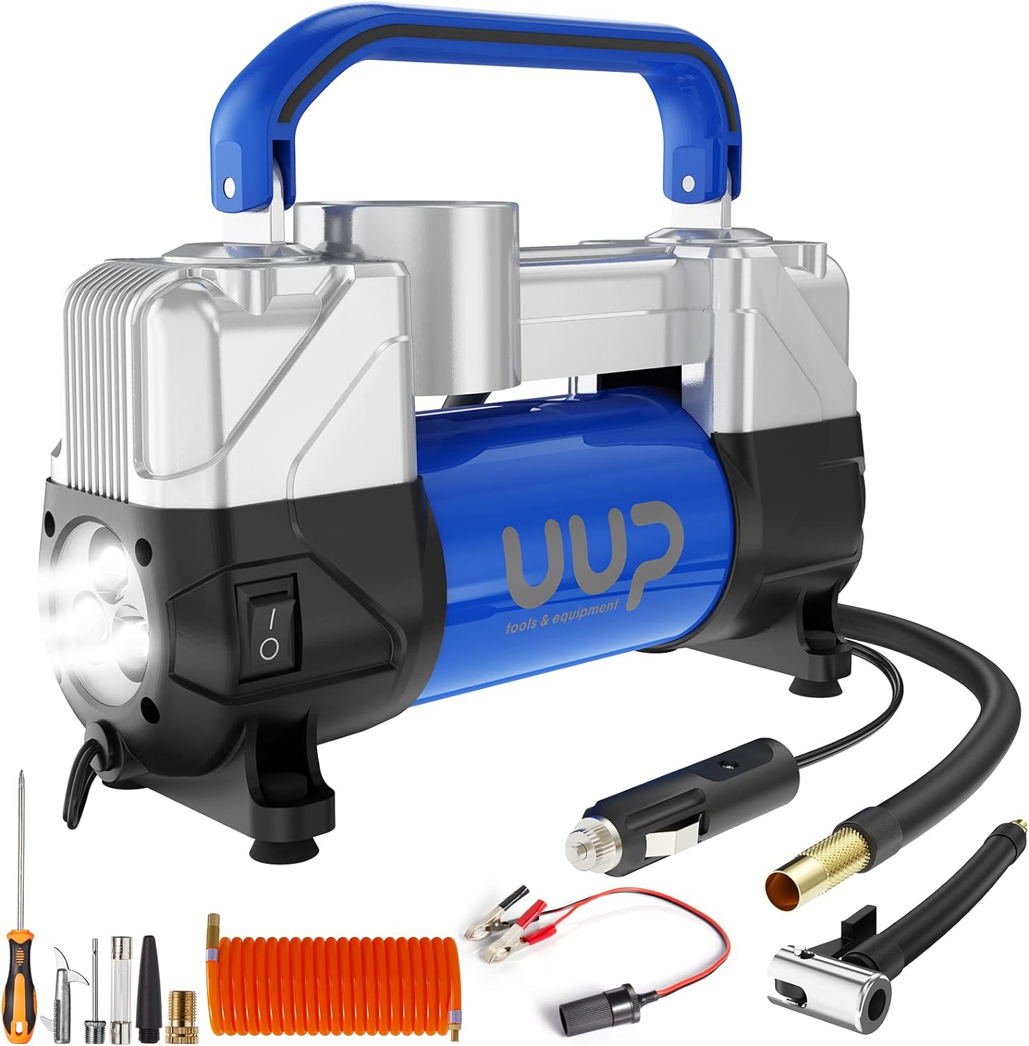 UUP Tire Inflator Air Compressor, 150PSI 12V DC Double Cylinders Heavy Duty Portable Air Pump w/Emergency LED Light for Truck, SUV, Car, RV