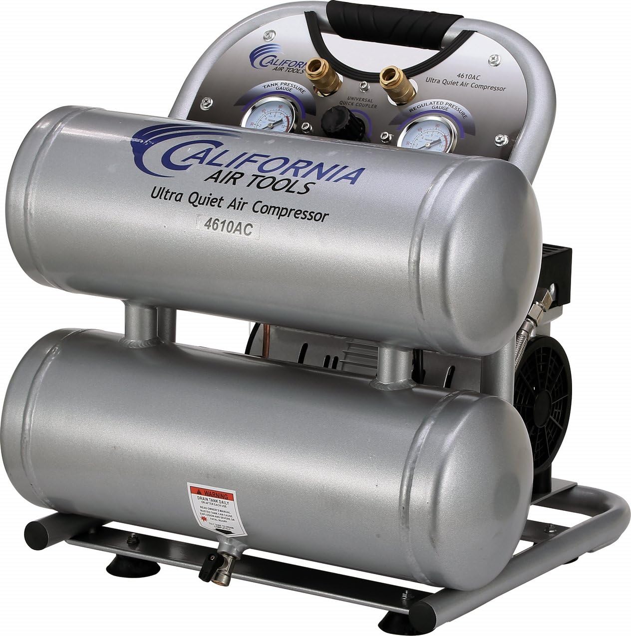 California Air Tools CAT-4610AC Ultra Quiet  Oil-Free 1.0 hp 4.6 gallon Aluminum Twin Tank Electric Portable Air Compressor, Silver