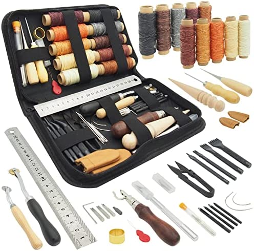 PLANTIONAL Leather Working Tools for Beginners: Professional Leather Craft Kit with Waxed Thread Groover Awl Stitching Punch for Leathercraft Adults Gifts 1 51uf3Eiy09L. AC