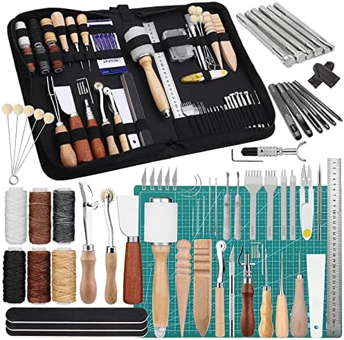 Leather Craft Tools, 60 Pieces Leather Working Tools and Supplies with Storage Bag Cutting Mat Prong Punch Groover Edge Creaser Stamping Carving Knife Awl Hammer for Leather Craft Making DIY Sewing