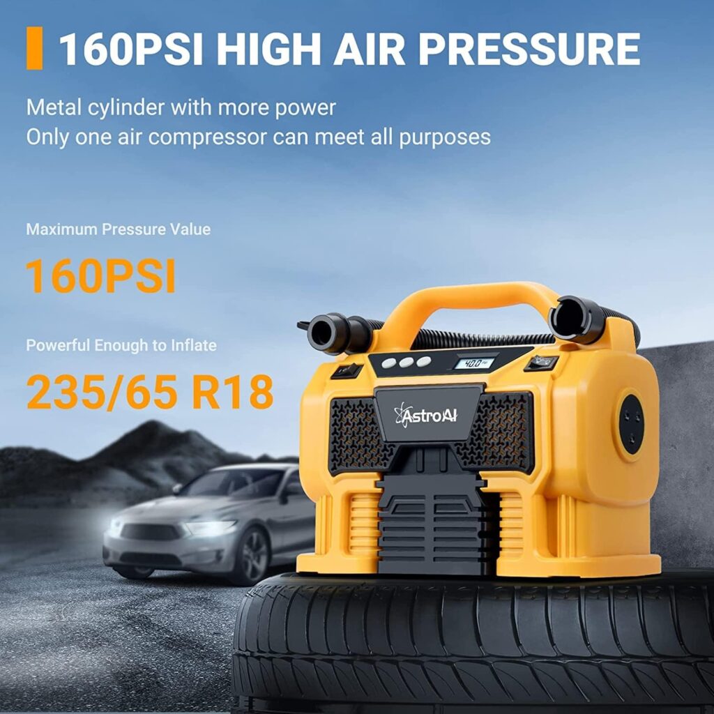 AstroAI Tire Inflator Air Compressor Portable Cordless Car Tire Pump 160 PSI 3 Power Supply 12V DC / 110V AC / 20V Battery with Dual Metal Motors  LCD Pressure Gauge for Inflatables JYP160-2301812