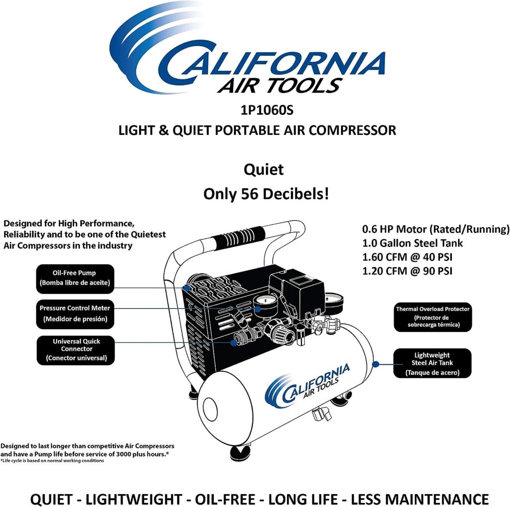 California Air Tools CAT-1P1060S Light  Quiet Portable Air Compressor, Silver