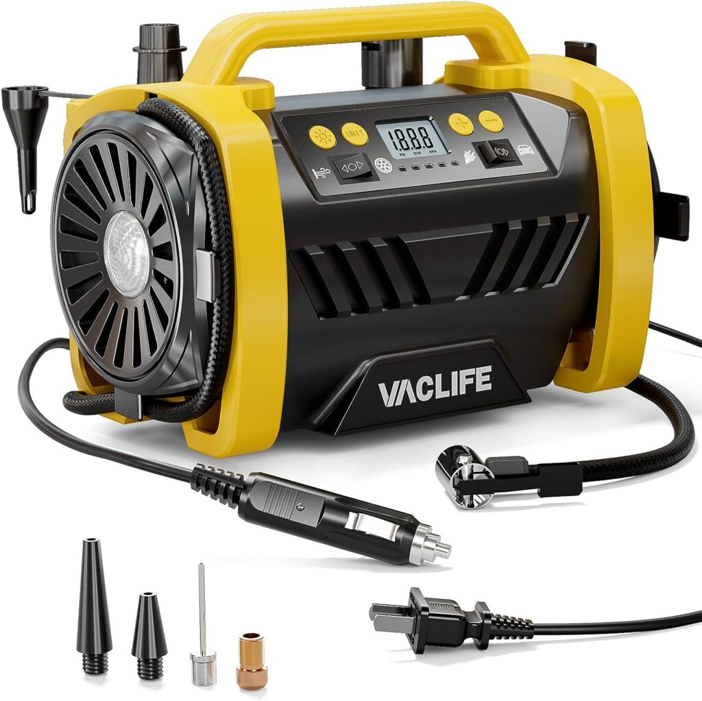 VacLife Tire Inflator Portable Air Compressor - 12V DC/120V AC Car Tire Pump for Air Mattress Beds, Boats with Inflation and Deflation Modes, Dual Powerful Motors, Model: ATJ-6588, Yellow (VL758)