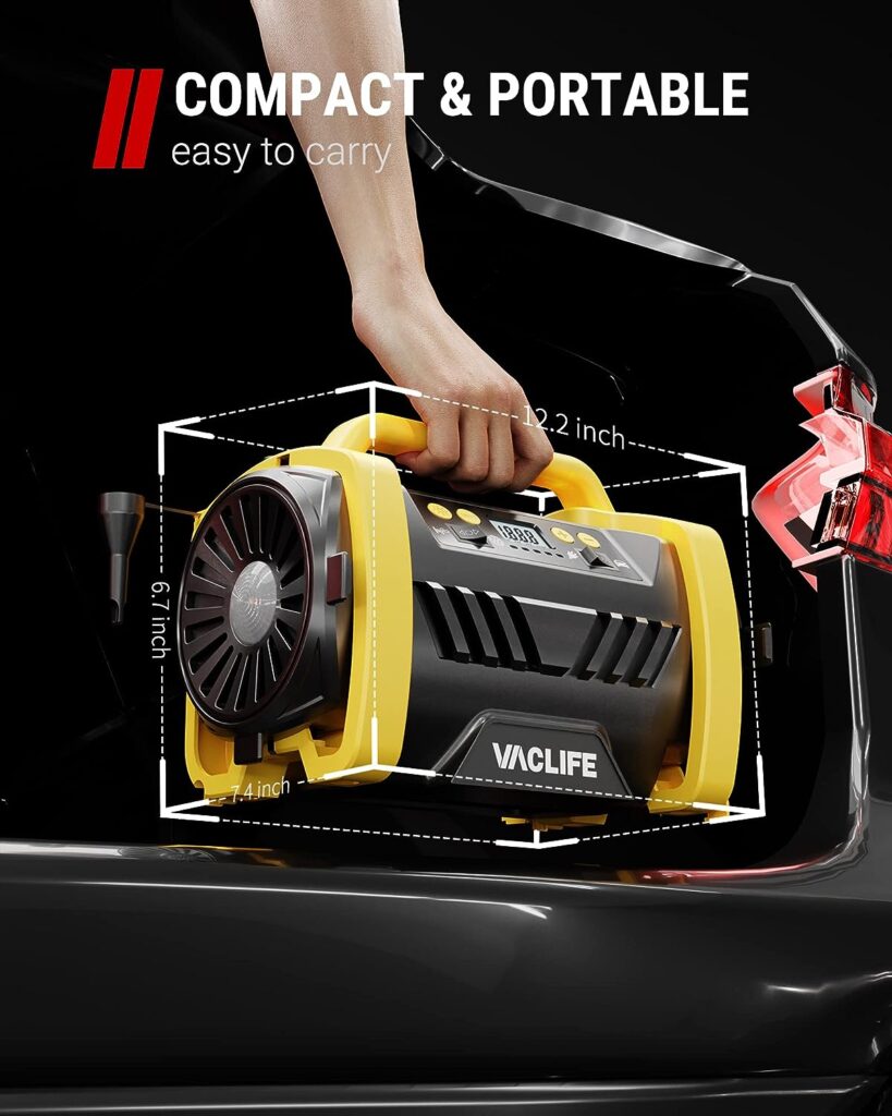 VacLife Tire Inflator Portable Air Compressor - 12V DC/120V AC Car Tire Pump for Air Mattress Beds, Boats with Inflation and Deflation Modes, Dual Powerful Motors, Model: ATJ-6588, Yellow (VL758)