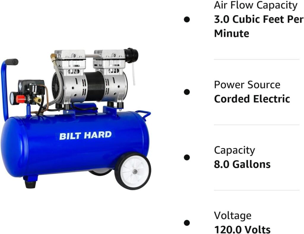 BILT HARD Ultra Quiet Air Compressor 8 Gallon, Oil-Free, Electric Shop Air Compressor Portable, CSA Certified Blue