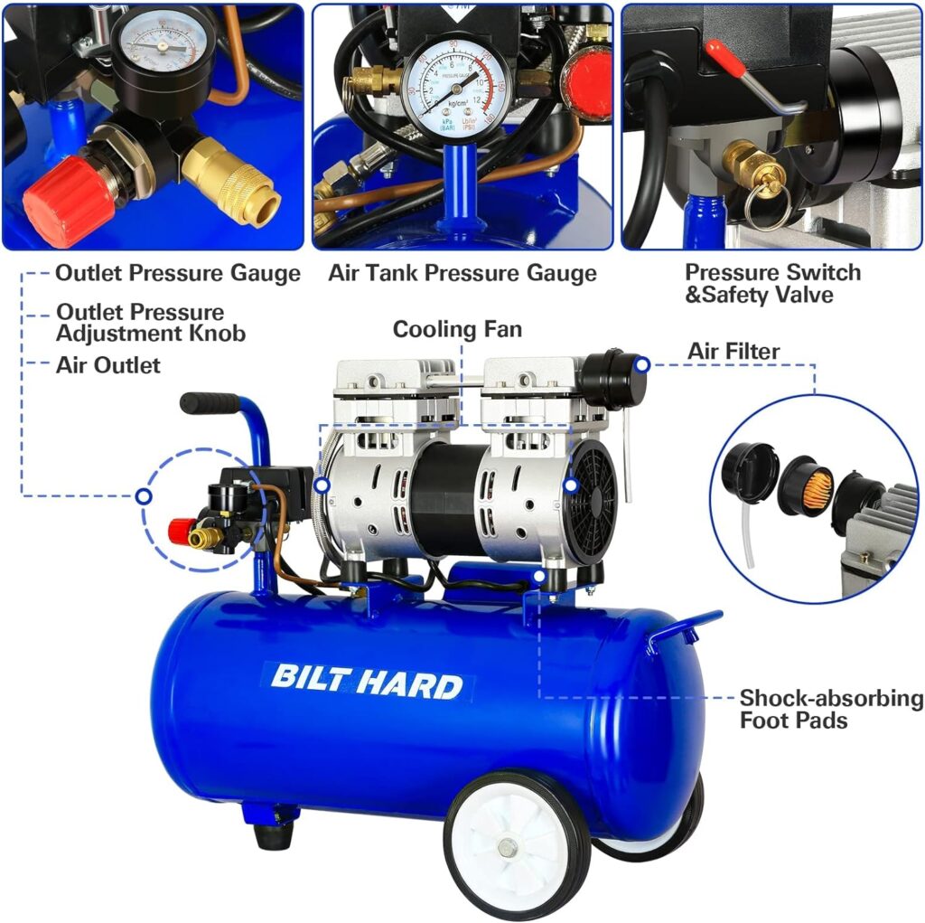 BILT HARD Ultra Quiet Air Compressor 8 Gallon, Oil-Free, Electric Shop Air Compressor Portable, CSA Certified Blue