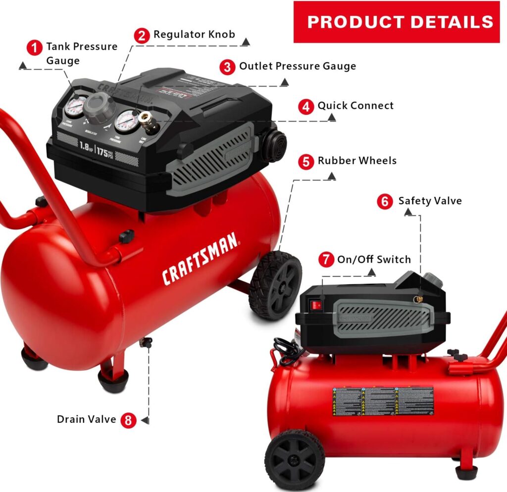 Craftsman HARD Air Compressor, 10 Gallon 1.8 HP 175 PSI, 4.0CFM@90PSI, Oil Free and Maintenance Free, Portable with Large Wheels, Model: CMXECXA0201041