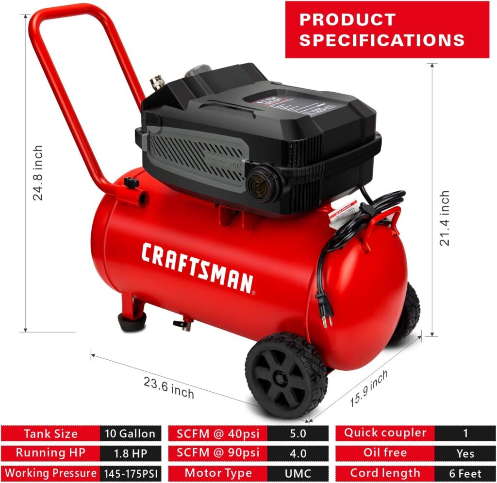 Craftsman HARD Air Compressor, 10 Gallon 1.8 HP 175 PSI, 4.0CFM@90PSI, Oil Free and Maintenance Free, Portable with Large Wheels, Model: CMXECXA0201041
