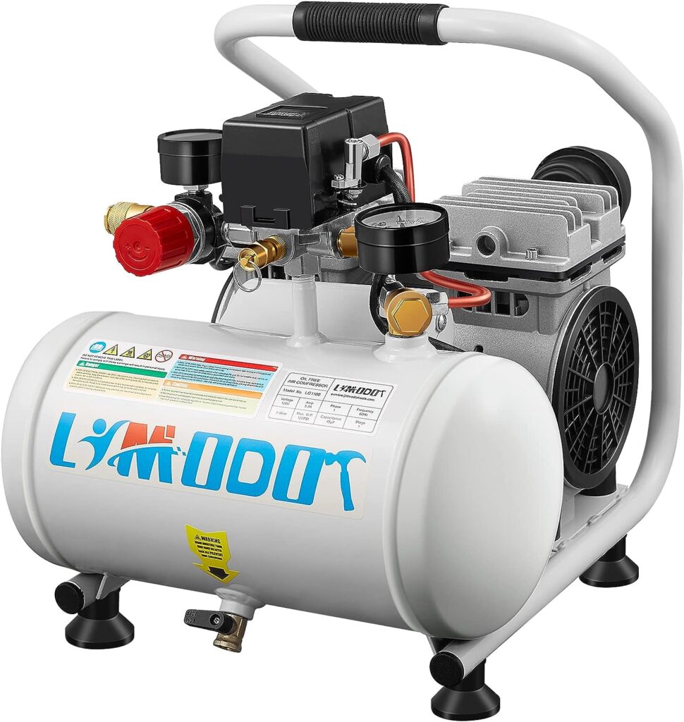 Limodot Ultra Quiet Air Compressor Portable, 60 dB, Silent and Electric for Car and Bike Tires, Nail Gun, and Pneumatic Tools, Garage, Shop, or Mechanic Accessories, 115V