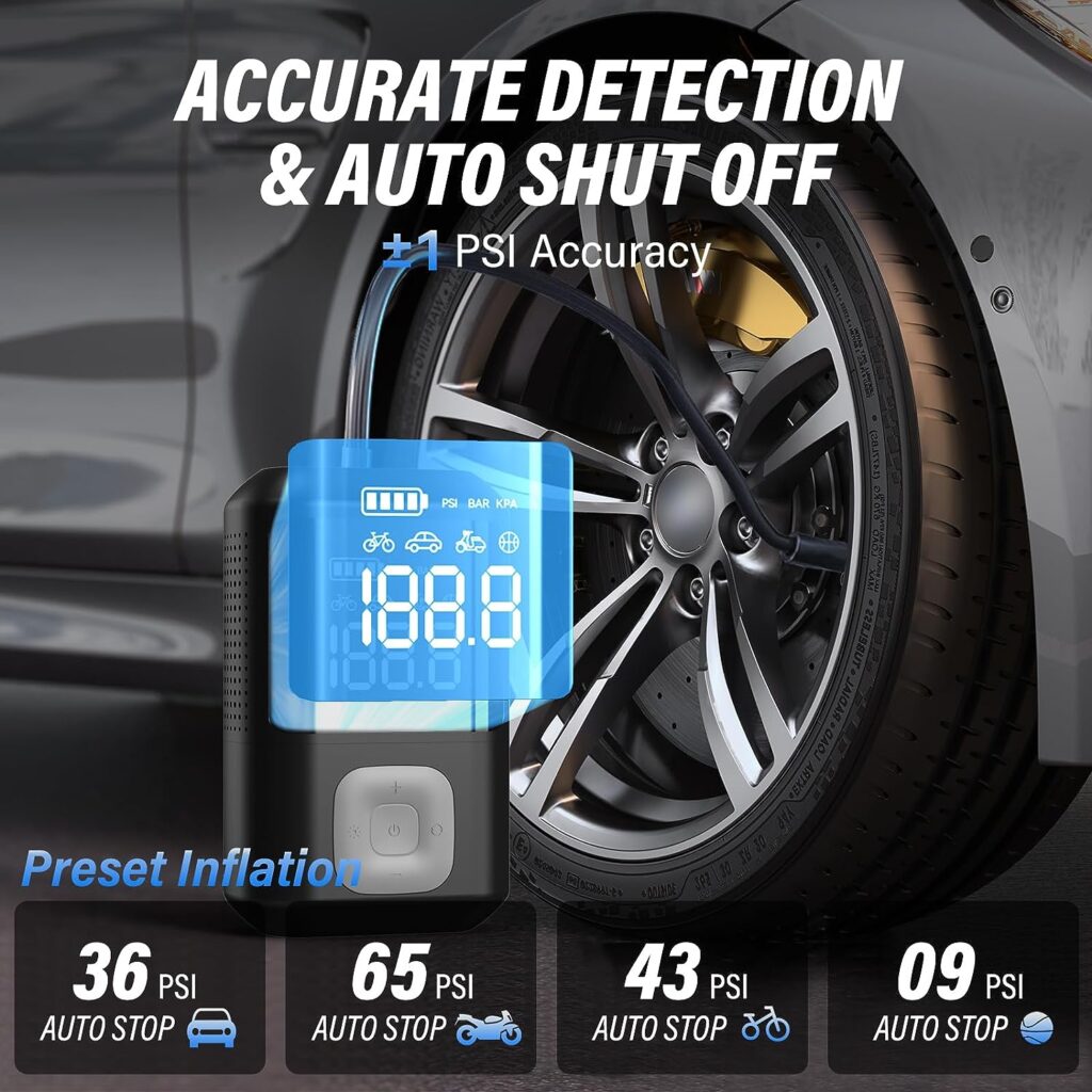 Tire Inflator Portable Air Compressor - Electric Bike Pump for Car Tires - 150PSI Cordless Air Pump with Digital Pressure Gauge, LED Lights, Auto Shut-Off for E-Bike, Bicycle, Car, Ball