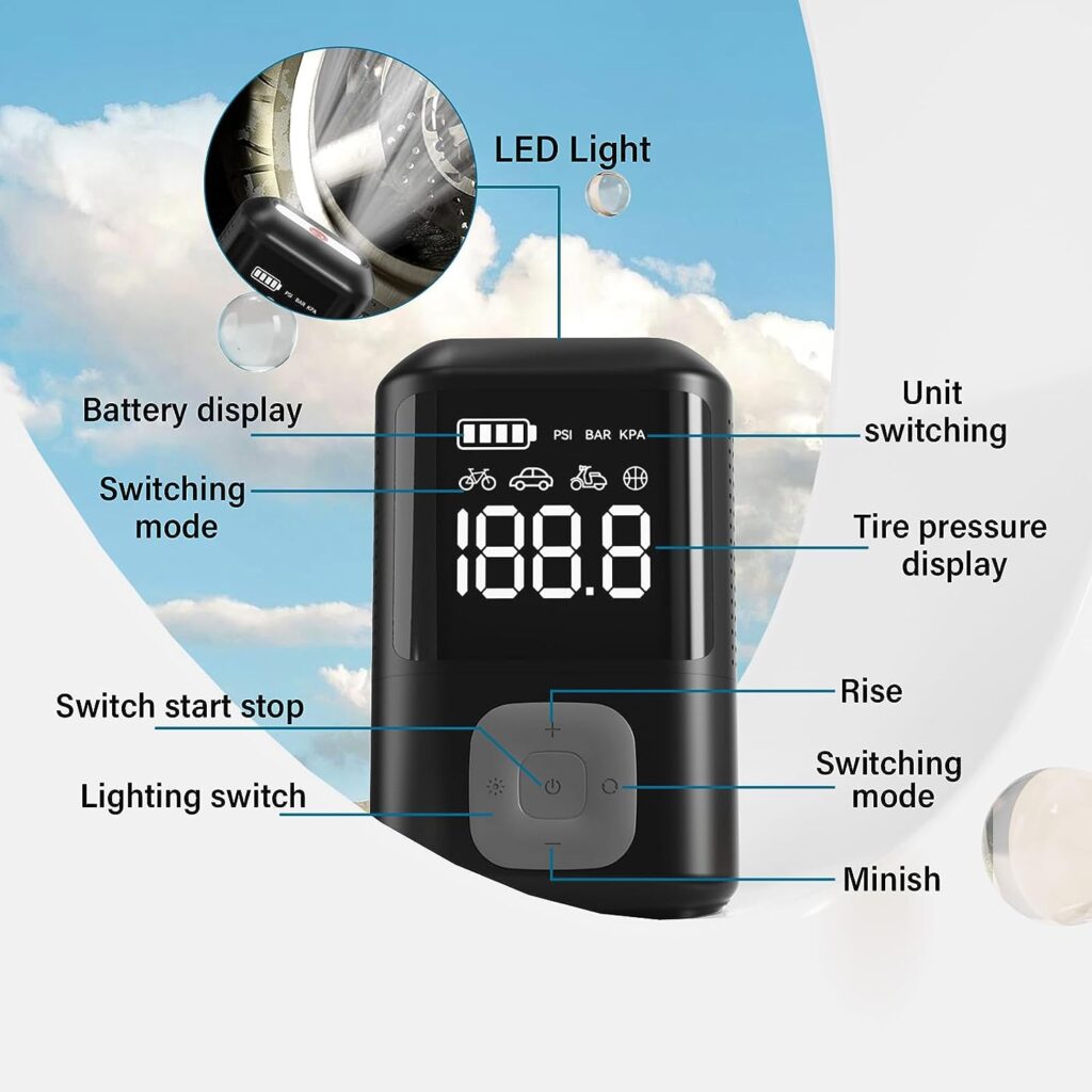 Tire Inflator Portable Air Compressor - Electric Bike Pump for Car Tires - 150PSI Cordless Air Pump with Digital Pressure Gauge, LED Lights, Auto Shut-Off for E-Bike, Bicycle, Car, Ball