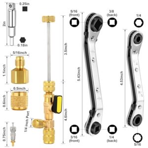 HVAC Service Wrench Set with Valve Core Remover & 15 PCS Cores, Dual Size SAE 1/4 & 5/16