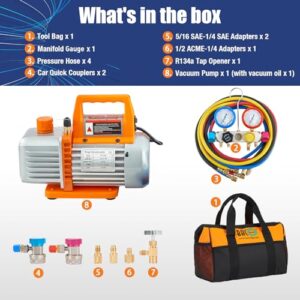 Professional HVAC A/C Refrigeration Kit with Vacuum Pump & Manifold Gauge Set – R12 R22 R134a R410A – Carry Case Included