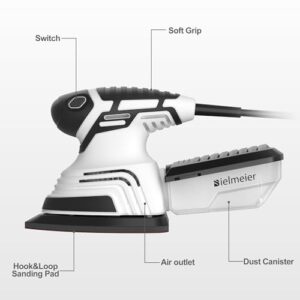 Bielmeier Electric Detail Sander w/ 12-Piece Sandpaper & Dust Collection – 14,000 OPM Hand Held Sanders for Wood