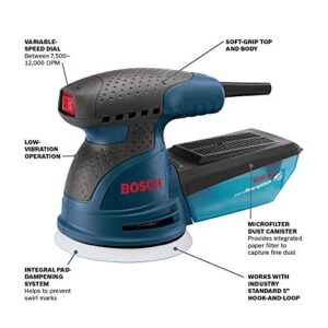 BOSCH ROS20VSC Palm Sander Kit with Dust Collector – Blue 5 In. Orbital Sander/Polisher