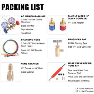 JIFETOR 3 Way AC Manifold Gauge Set for Auto and Household R404A R134A Refrigerant – Diagnostic and Charging Tool for HVAC Systems