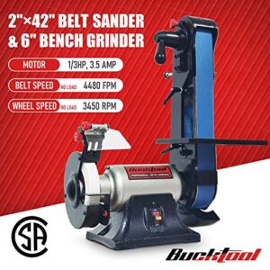 Bucktool 2×42 Belt Sander & 6″ Bench Grinder with Large Work Table Knife Sharpener