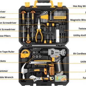 8V Cordless Drill Kit: 126-Piece Pro Home Repair Toolkit w/ Keyless Chuck
