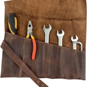 Hide & Drink, Large Tool Roll Up Bag (6 slots), Portable Carry-On Pouch, Workshop Storage, Woodworking Tools Organizer, Full Grain Leather, Handmade, Bourbon Brown