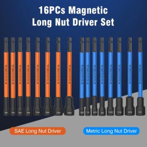 Professional 16PC Magnetic Impact Nut Driver Set – SAE & Metric Long Hex Shaft