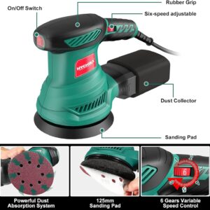HYCHIKA 5-Inch Variable Speed Orbital Sander with 12 Sandpapers & Dust Bag