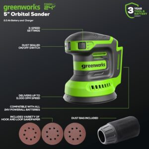 Greenworks 24V Cordless 5″ Orbital Sander | 11000 OPM | Variable Speed | DIY Wood Tool