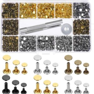 Paxcoo 480 Sets 3 Sizes Leather Rivets Double Cap Rivet Tubular Metal Studs with 3 Pieces Setting Tool Kit for Leather Craft Repairs Decoration, 4 Colors