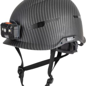 Klein Tools 60515 Safety Helmet, Non-Vented Class E with Rechargeable Lamp and Chin Strap, Premium KARBN Pattern, Tested up to 20kV