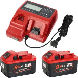 New Version 18V 9.0 Ah Battery and Charger Combo Kit Replace for Milwaukee m18V Lithium Ion Batteries 48-11-1862/1852/1840/1830(2)+ 18V Battery Charger 48-59-1812