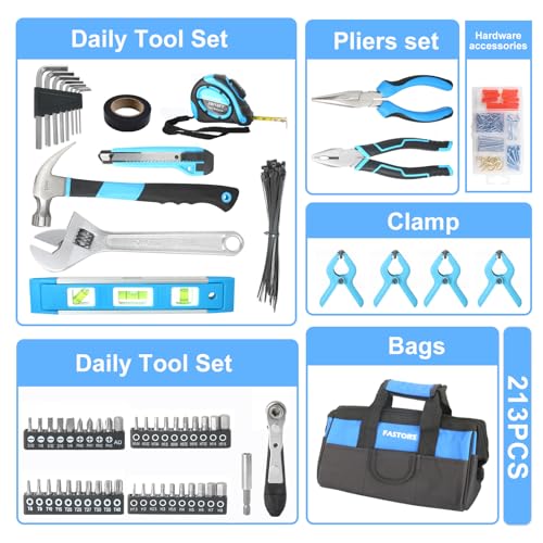 Complete 213-Piece Home Repair Tool Set with Ratchet & Blue Carrying Bag 1 hvac tool set with bag