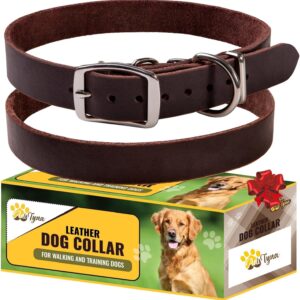 Adityna - Leather Dog Collar for Large Dogs - Classic Style, Soft and Strong, Heavy-Duty Top-Grain Leather Collar for Walking, Training, Hunting, and Running (L - Neck: 19-24 inches, Brown)