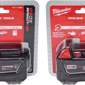 Milwaukee 48-11-1850R M18 18V 5Ah XC Extended Capacity Resistant Battery 2 Pack, (48-11-1850Rx2)