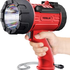 YIERBLUE Rechargeable Spotlight Flashlight with 1000,000 Lumen LED, IP67 Waterproof Long Running Spot Light searchlight, Impact Resistant Handheld Spotlight with Foldable Stand and Detachable Red Lens